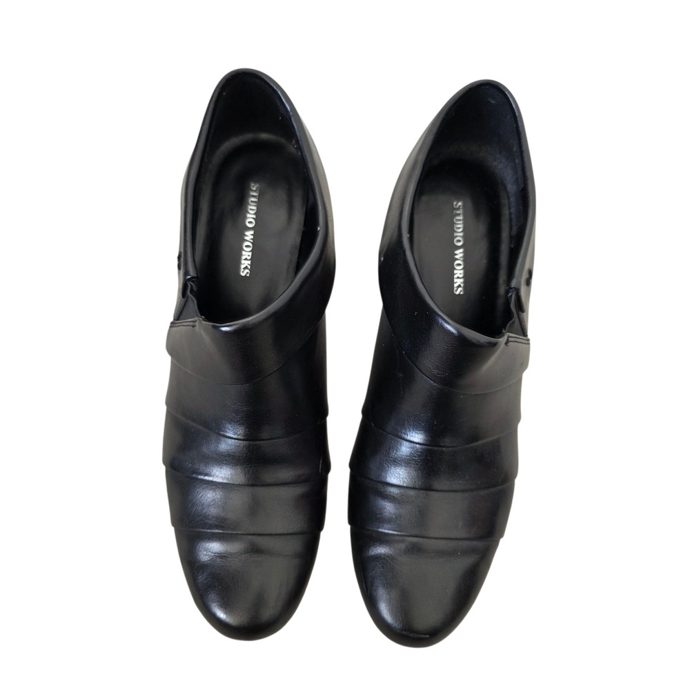 Studio Works‎ Black Leather Pleated Block Heel Ankle Booties Women's Size 8M